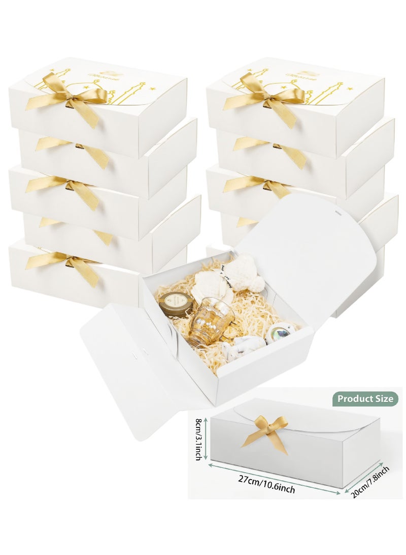 ohmoon Pack of 10 Gift Boxes, Large Kraft Gift Boxes with Bow Ribbon, 27 x20x8cm, Rectangle Gift Boxes for Gifts, Ramadan,Eid,Birthday, Wedding (White) - Image 1